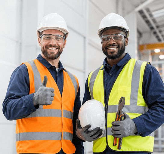 Industrial worker with safety goggles and power tools