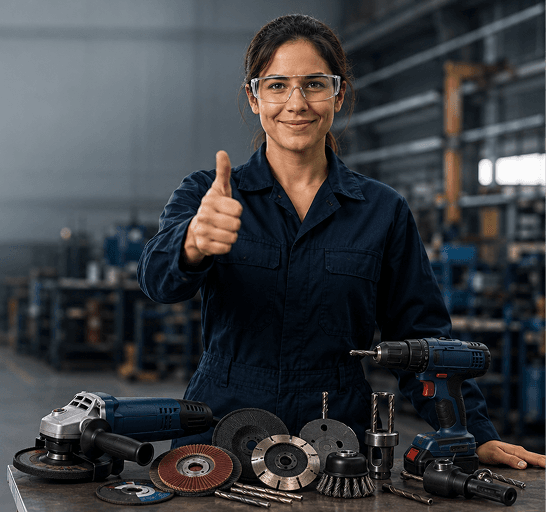 Industrial worker with safety goggles and power tools